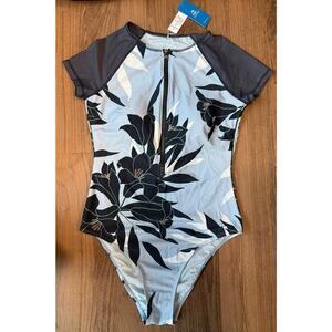 CUPSHE One Piece Womens Short Sleeve Lined Zipper Swimsuit Size M Blue Tropical